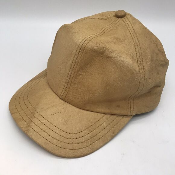 Vintage 90s Adventure Bound Baseball Cap Tan Genuine Leather Strapback Hat USA - Picture 4 of 8